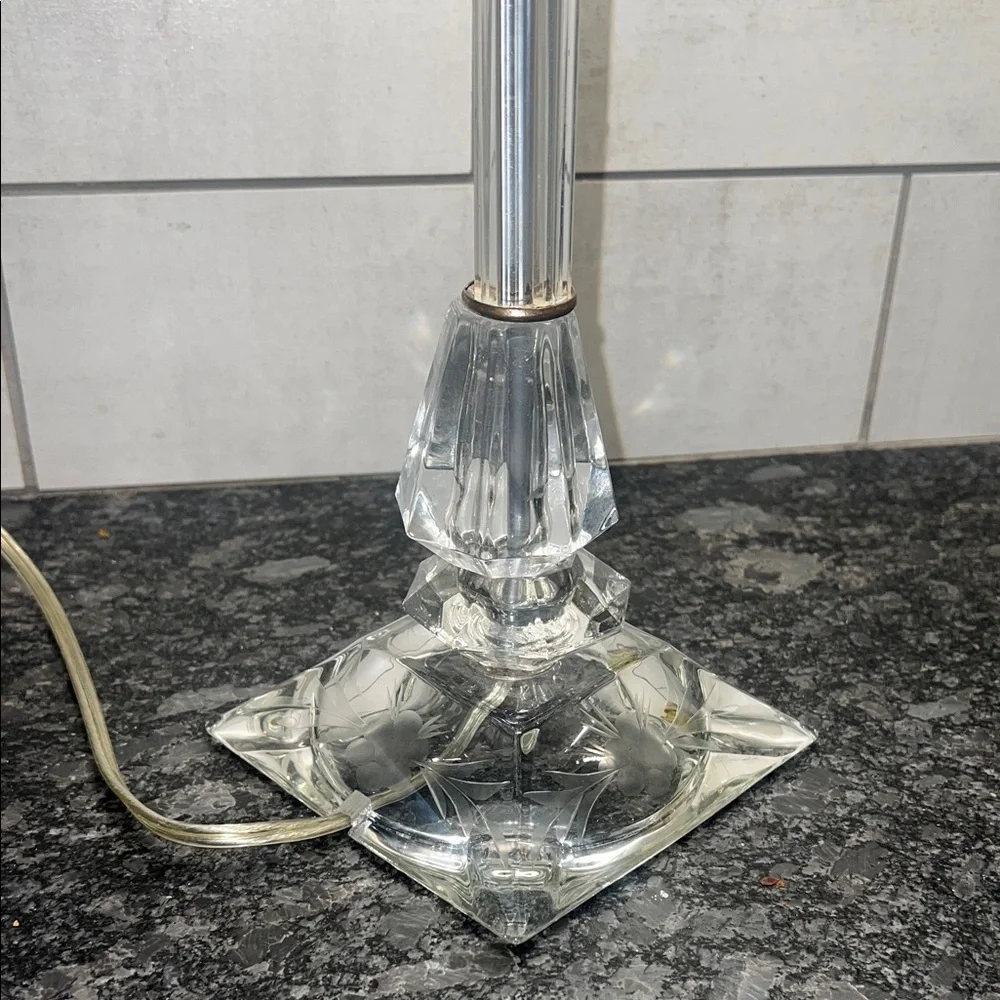 Vintage Clear Cut Glass Lamp Base with etching. All glass 15”